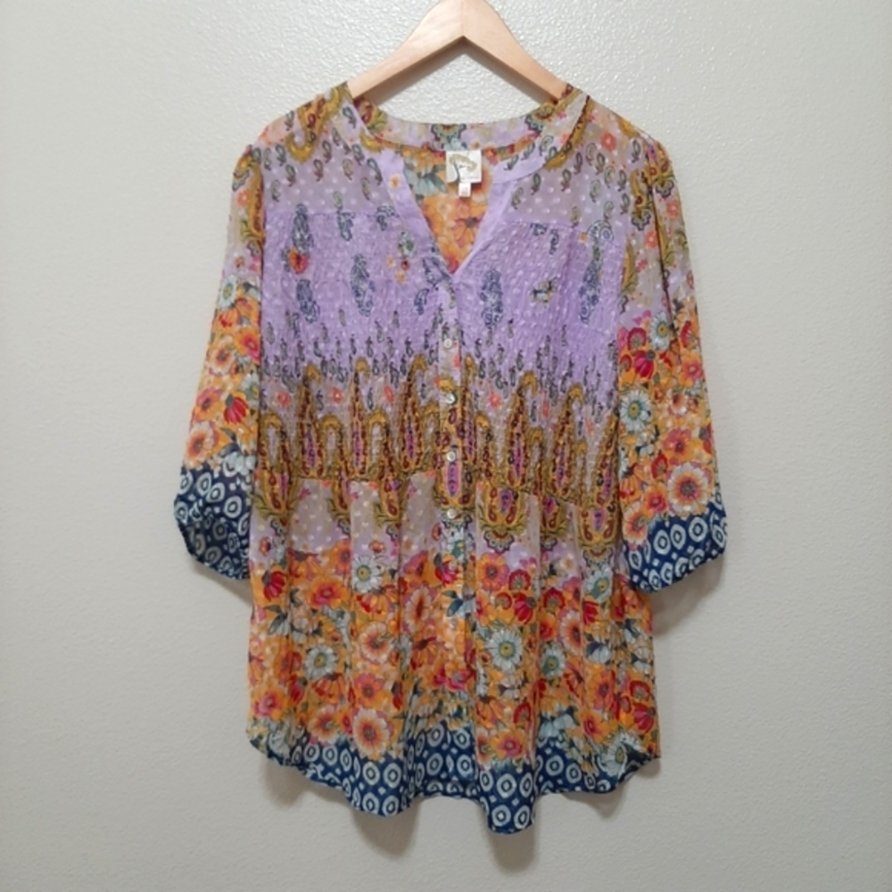 fig and flower Lavender and Floral Mixed-Print Peasant Blouse